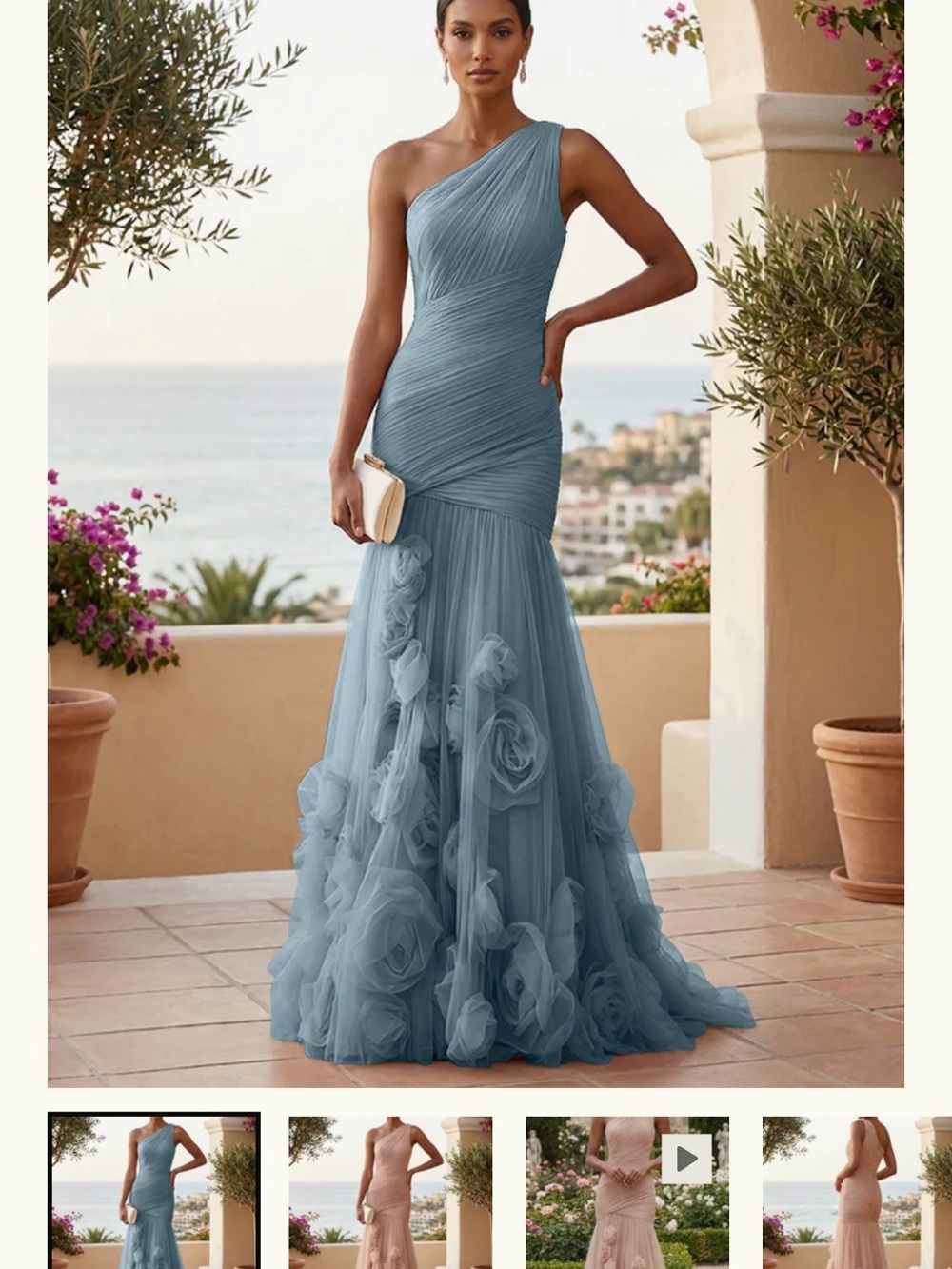 One-Shoulder Dusty Blue Floral Tulle Gown